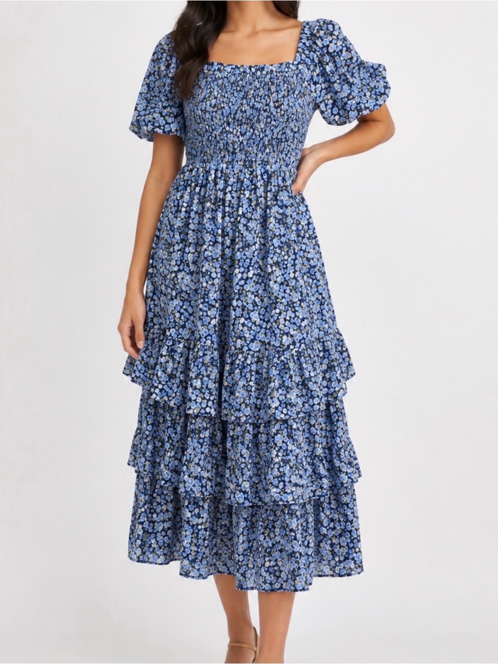 English Factory Blue Floral Smocked Puff Sleeve Tiered Dress